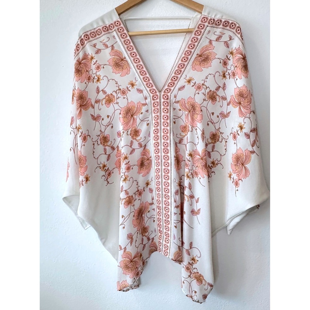 Women's XL Paisley Floral Blouse Boho Bell Sleeve Peach Coral Tunic